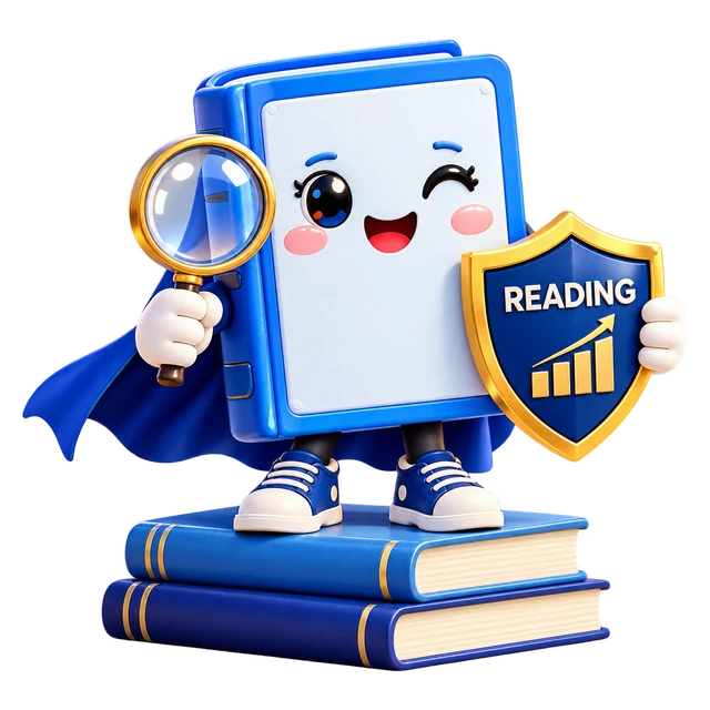 Reading Strategist หนังสือสีน้ำเงินถือแว่นขยายและโล่ Reading