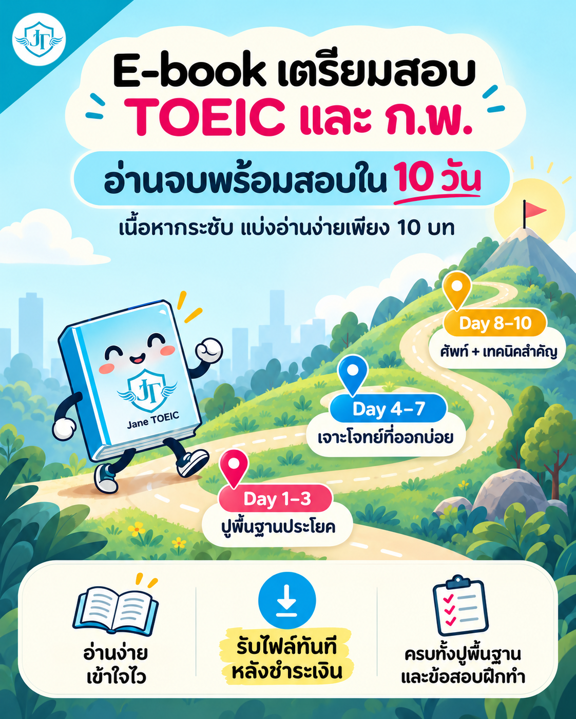ภาพประชาสัมพันธ์ E-book เตรียมสอบ TOEIC และ ก.พ. พร้อมแผนอ่าน 10 วันและ 3 จุดเด่นของหนังสือ