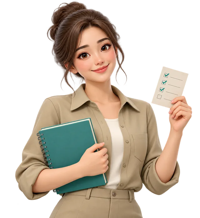 ภาพประกอบผู้เตรียมสอบถือสมุดและเช็กลิสต์ ไม่มีเครื่องหมายหน่วยงานราชการ